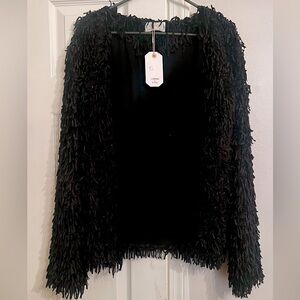 Loveriche Black Fuzzy Party Jacket, Fringe Blazer Cardigan with Pockets, Sparkly